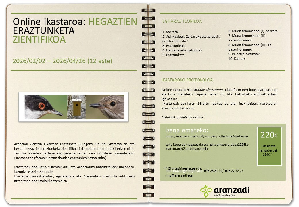 Online ikastaroa: Hegaztien eraztunketa zientifikoa (12 aste)